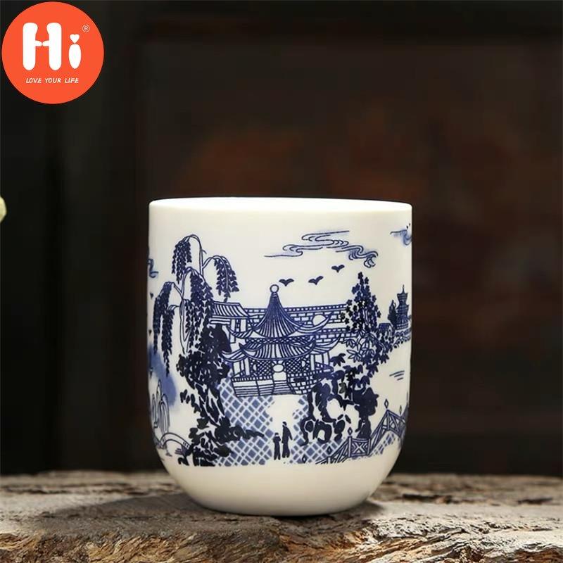 Hi 170ml Porcelain Tea Cup Ceramic Coffee Cup Handmade Water Cup Office Drinkware Blue White