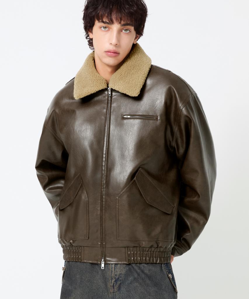Trillion Fleece Collar Flight Leather Jacket_Brown
