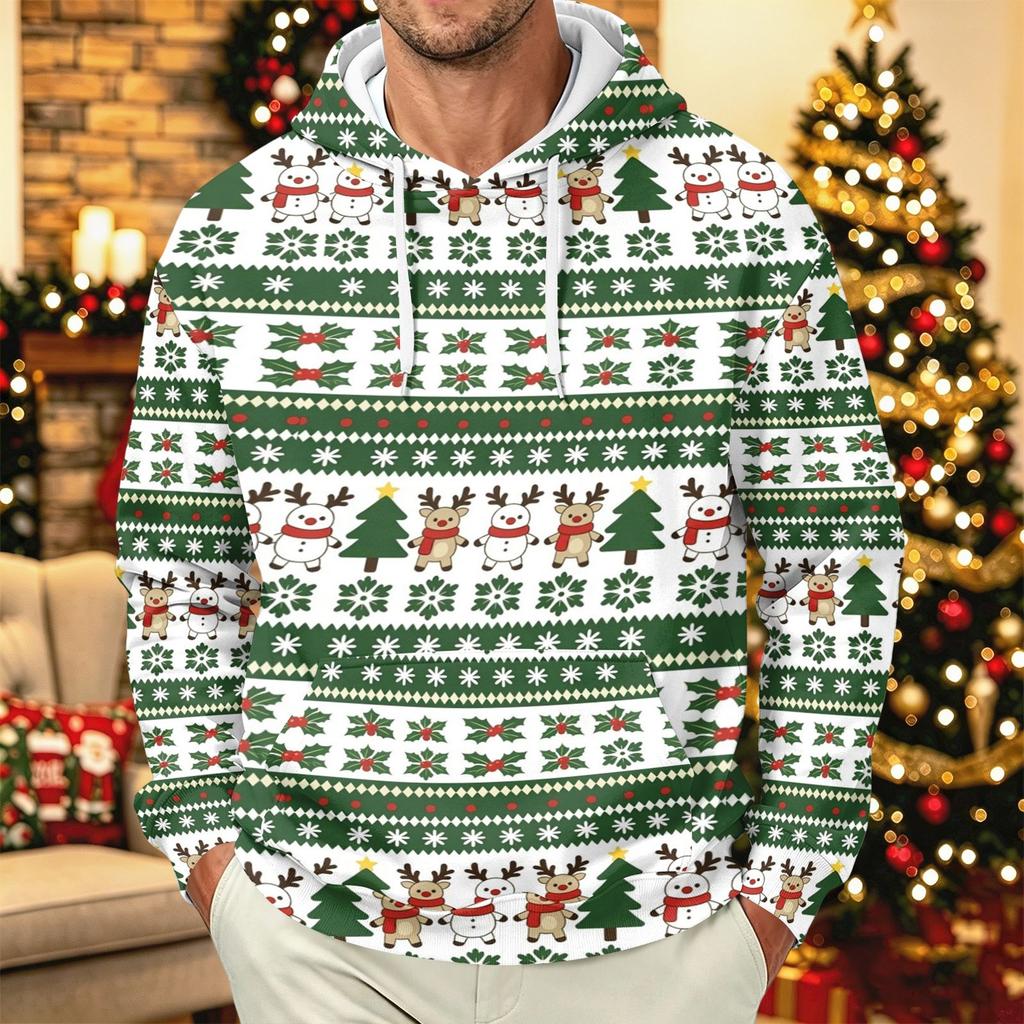Men's Long Sleeve Christmas Print Pullover Hoodie for Holiday Party and Everyday Wear