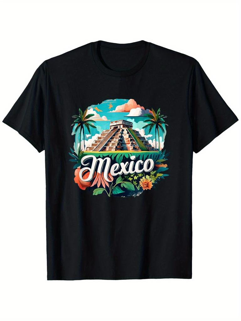 Mexico Graphic 100Cotton printed Casual TShirt for UnisexVibrant Outdoor Design with Palm TreesCacti Mayan Ruins