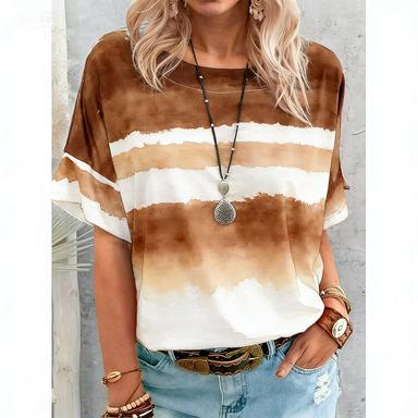 Women Casual Loose Short Sleeve T-Shirt Vintage Watercolor Gradient Striped Round Neck Soft Daily Basic Pullover Top