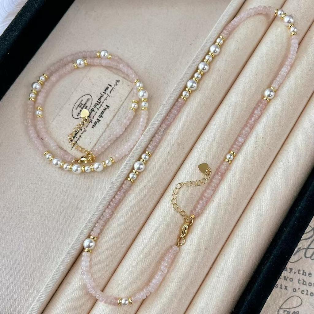 Vintage Spring Pink Quartz Faux Crystal Pearl Design Clavicle Chain Necklace