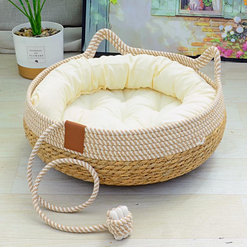 Cama Extra Grande para Gato Tecida com Palha: Calor de Inverno, Conforto o Ano Todo, Ajuste Universal