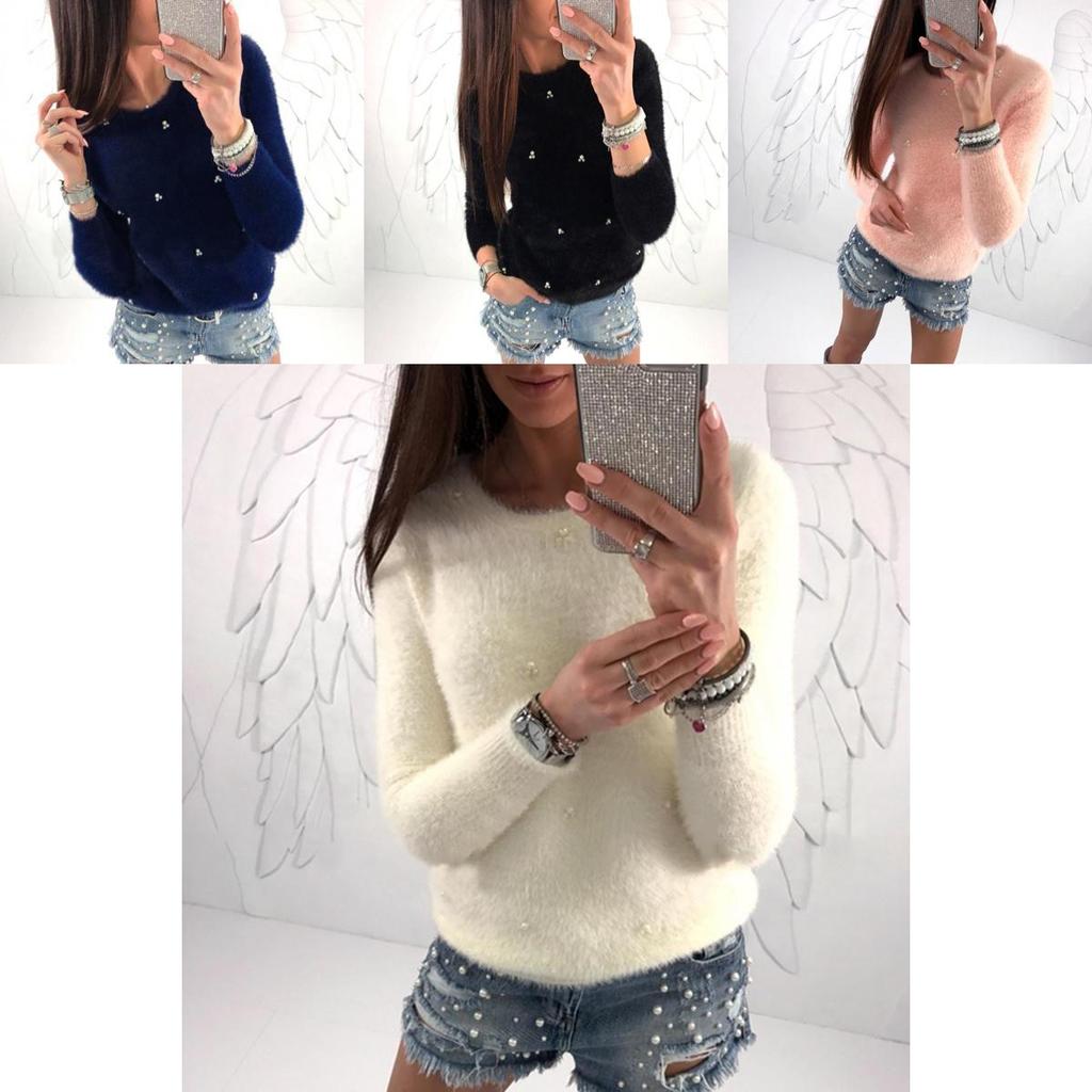 Luxurious Women Plush Beaded Sweater Casual Solid Color Spring Winter Fur Sweatshirt