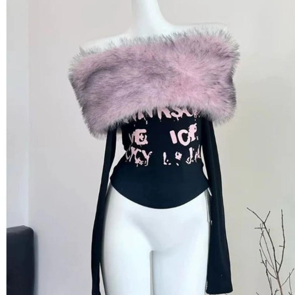 VAYLA Fur Collar One-shoulder Long-sleeved Women Slim-fit Printed Pattern Off-shoulder Short Top Trendy Hot Girl Winter T-shirt Women