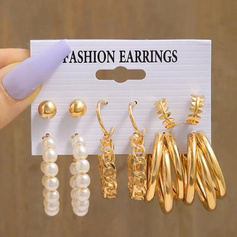 European and American style metal earrings square geometric earrings retro imitation pearl earrings Hepburn style earrings set