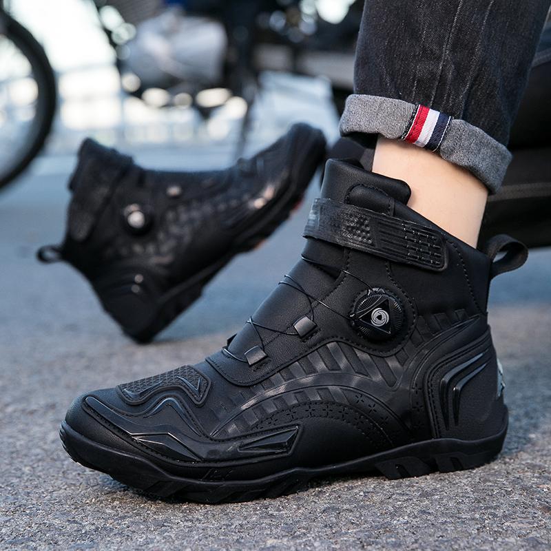 Unisex Leather Motorcycle Boots Large Size Rotation Button Anti -slip Anti -collision Competition Riding Shoes