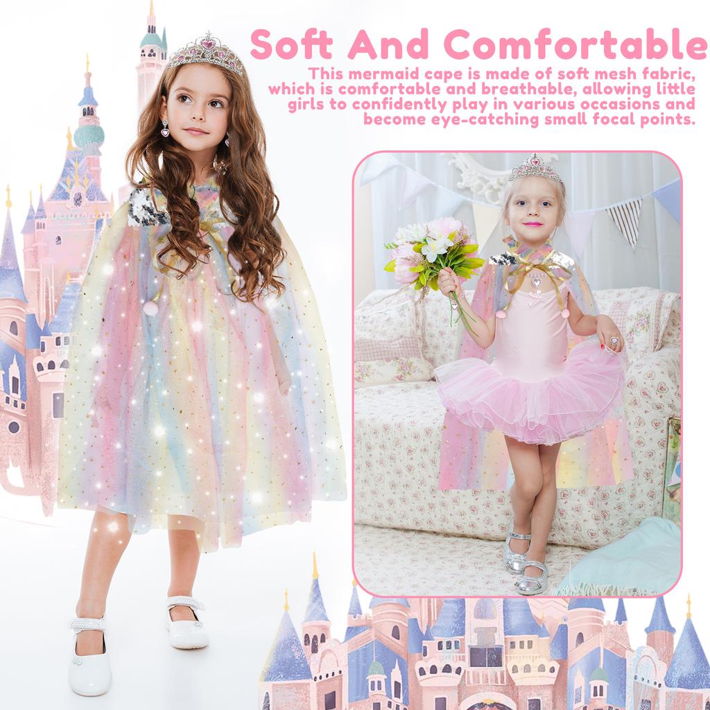 Princess Dress Up Clothes Set Princess Dress Up Cloak Set Mermaid Sequin Cape Kit with Crown Necklace Bracelet Ear Clips for Kid