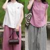 Literary Retro Women's Sleeveless Linen Embroidered Blouse - Summer Stand Collar Loose Fit, Slimming Plus Size.