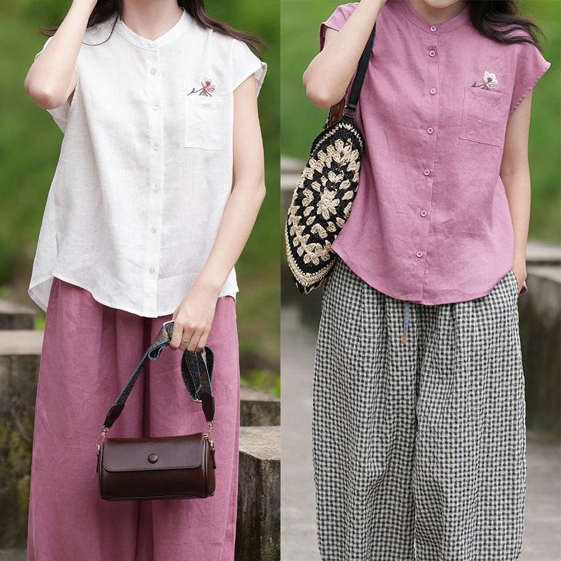 Literary Retro Women's Sleeveless Linen Embroidered Blouse - Summer Stand Collar Loose Fit, Slimming Plus Size.