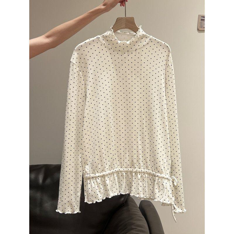 Fleece White Ruffled Polka Dot Long Sleeve Lace Base Layer Top for Women - Autumn/Winter 4XL (181-200 jin)
