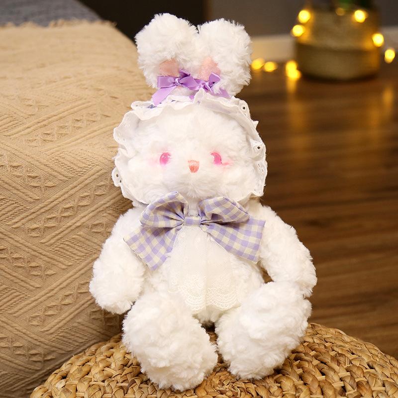 Cute White Bunny Plush Toys with Lace Headwear Soft Stuffed Animals Pillow Kids Birthday Gift Appease Pillow for Bedroom Decor