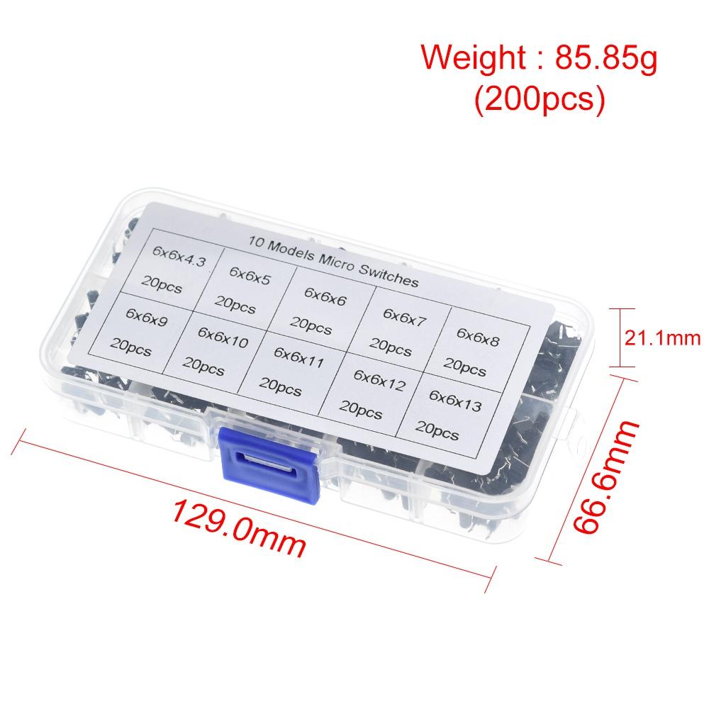10 kinds 100/200PCS 6*6 Tact Switch Tactile Push Button Switch Kit, Height: 4.3MM~13MM DIP 4P micro switch 6x6 Key switch TZT