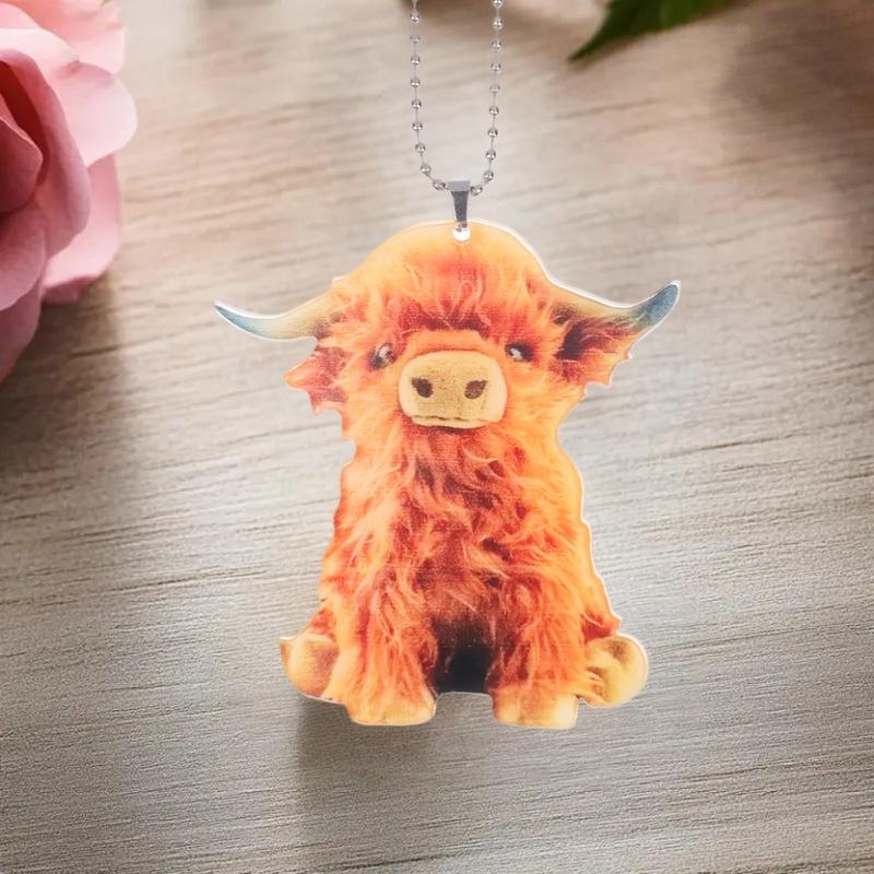 Highland Cow Car Pendant - 2D Flat Acrylic Holiday Decoration