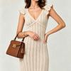Womens V-Neck Knit Dress Hollow Out Ruffle Sleeve Slim Fit Elegant Long