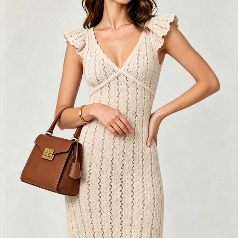 Womens V-Neck Knit Dress Hollow Out Ruffle Sleeve Slim Fit Elegant Long