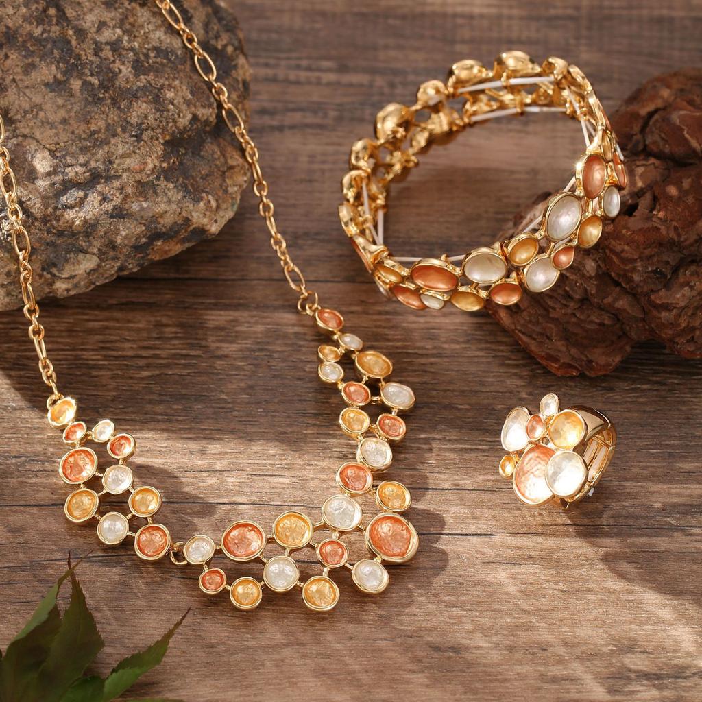 Color painting oil round geometric petal ring bracelet necklace set, ladies banquet high sense