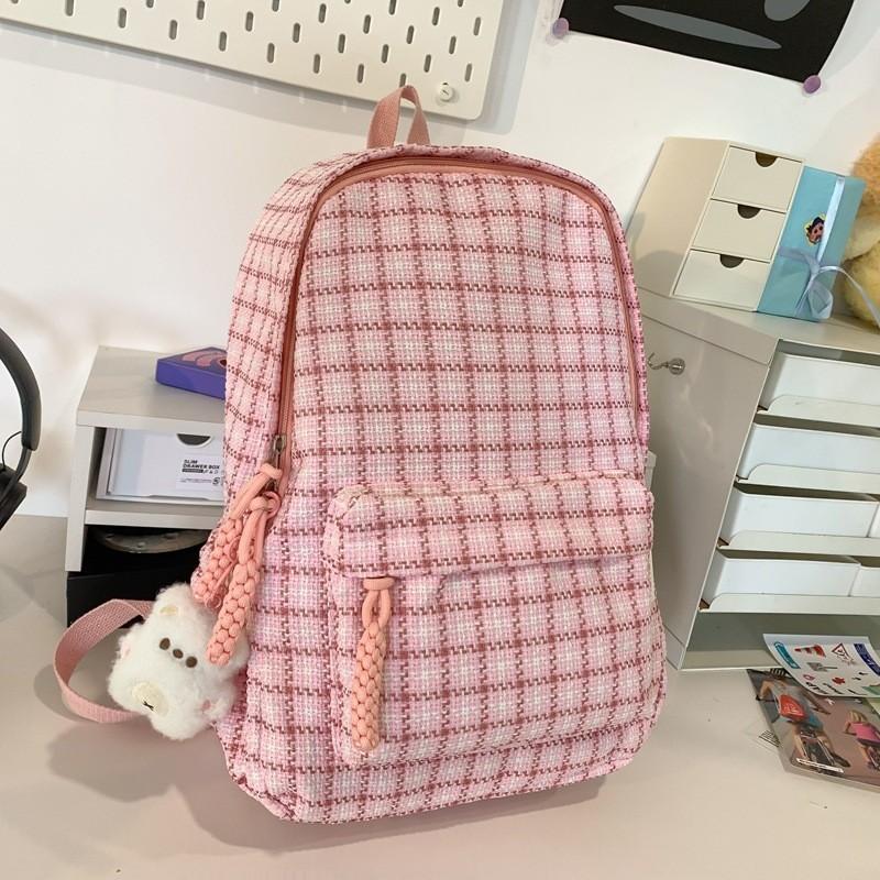 Chic Large Capacity Plaid Backpack Lightweight Stylish Waterproof Nylon Travel Bag розовый