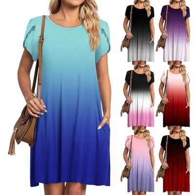 Women's Summer Round Neck T-shirt Round Neck Petal Sleeve Printed Dress With Pockets