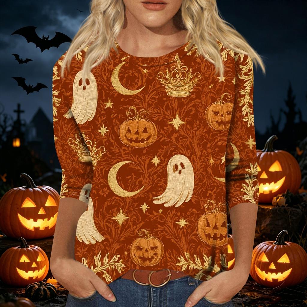 Womens Casual Halloween Print Pullover Shirt Three Quarter Sleeve Round Neck Top Lightweight Comfortable Fabric