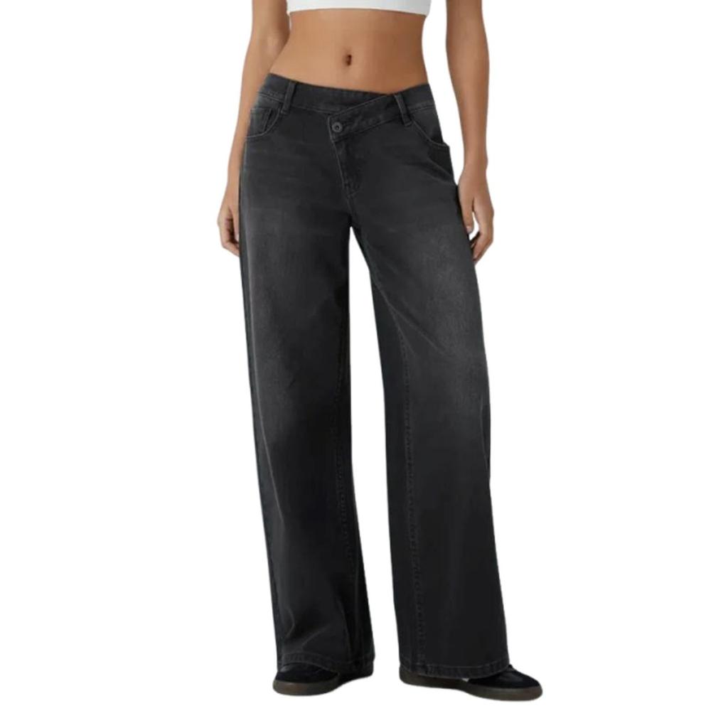 Women's Casual Fashion Solid Color Elastic Waist Pockets Wide Leg Straight Jeans Pants