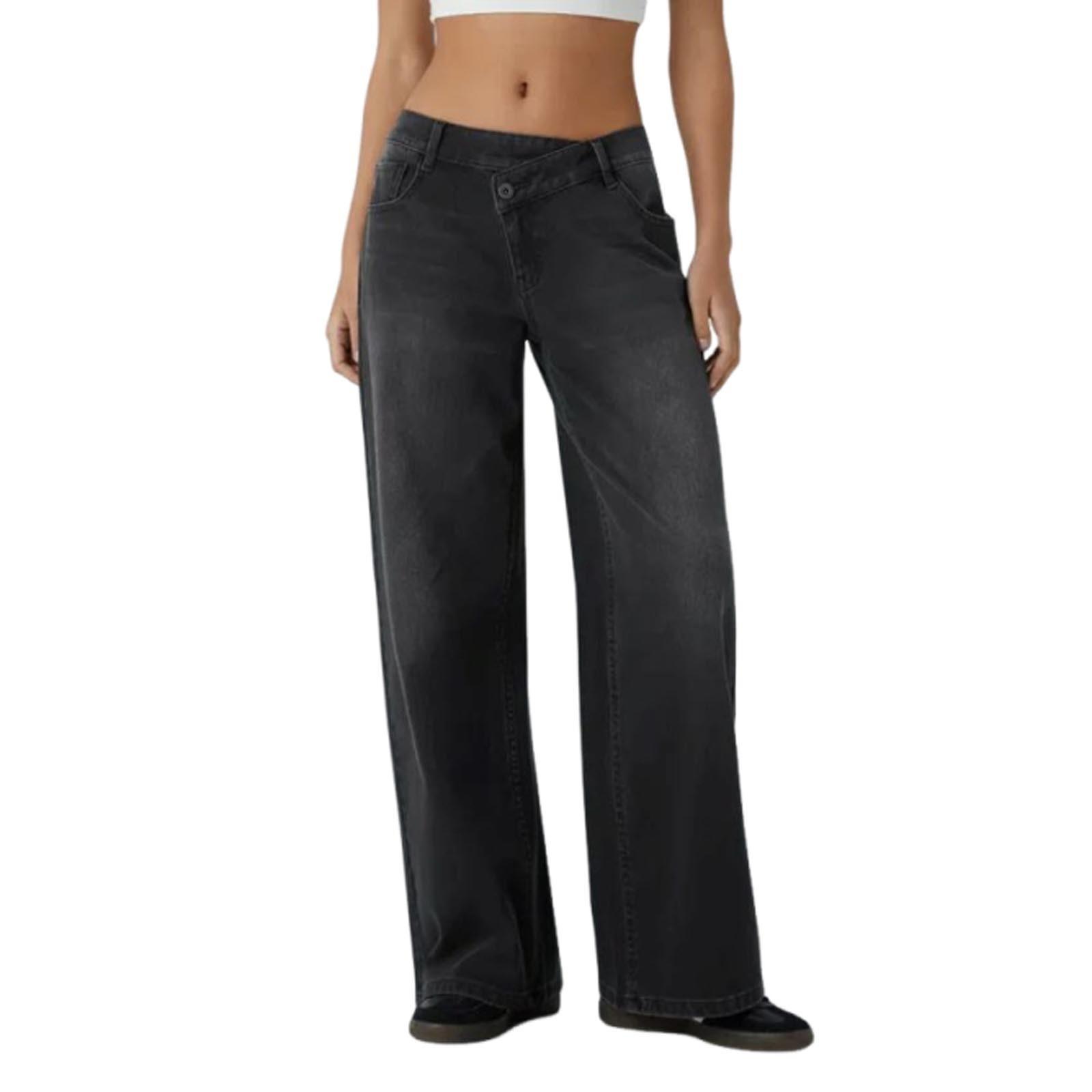 

Women s Casual Fashion Solid Color Elastic Waist Pockets Wide Leg Straight Jeans Pants XL чёрный