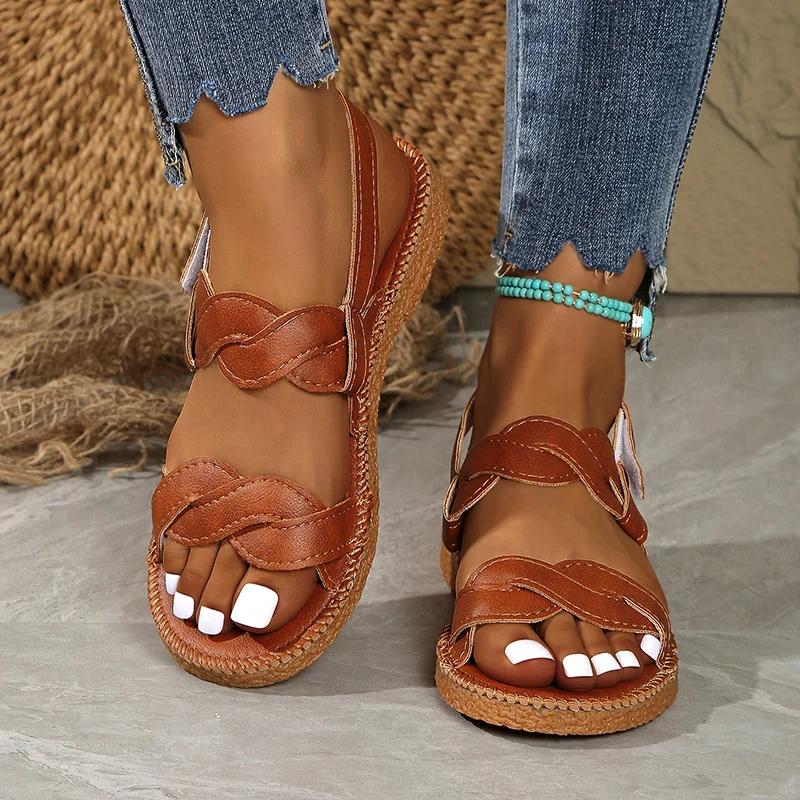 Fashion Summer Beach Flat Heels Sandals Women Plus Size 43 Woven Band Non Slip Rome Shoes Woman Back Strap Pu Leather Sandalias De Mujer
