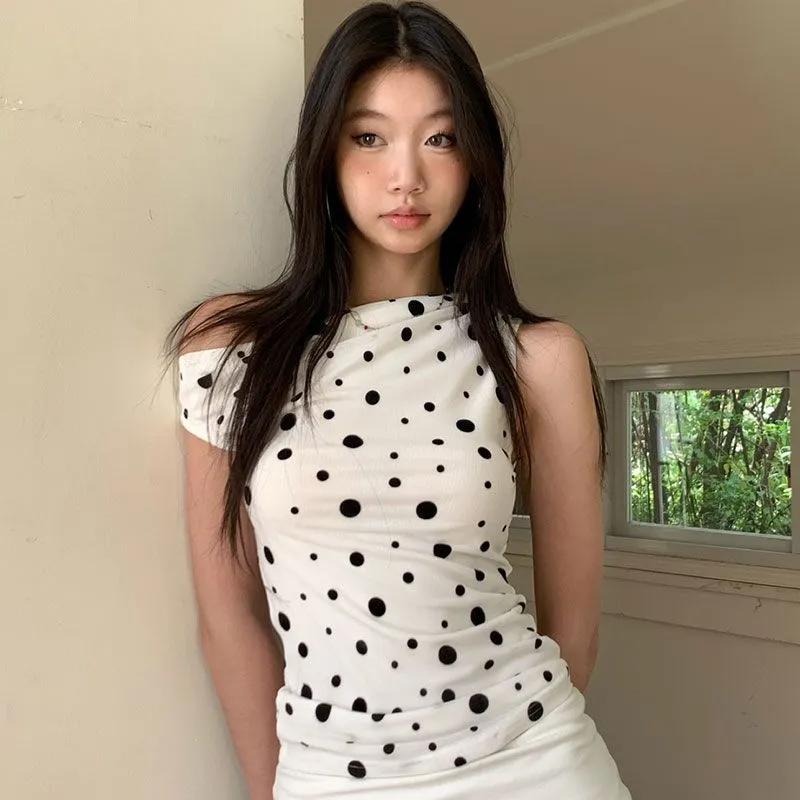 Women's Polka Dot Sleeveless Bodycon Top Slim Fit Mock Neck Casual Tee