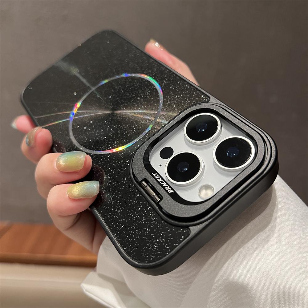 Flip Bracket Lens Protection Stand For Magsafe Magnetic Case For iPhone 14 15 16 17 Pro Max 13 12 11 Laser Aurora Bling Cover