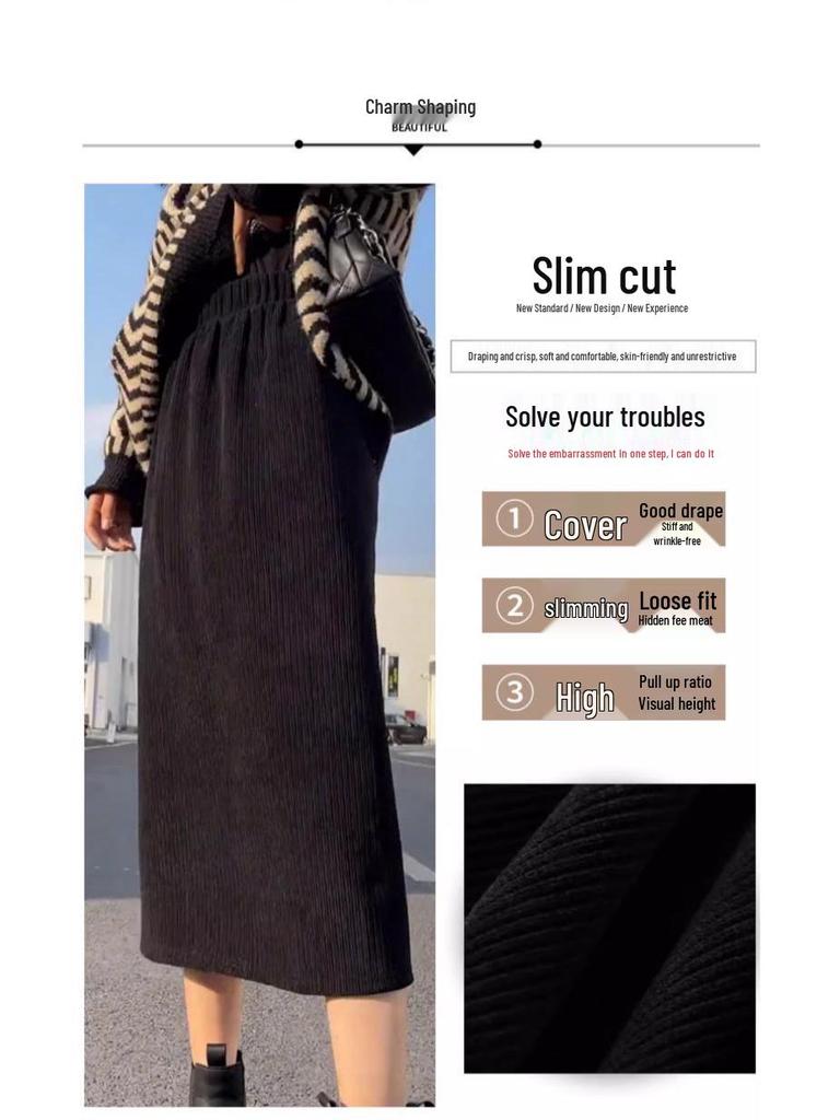 Black Corduroy A-line Skirt for Women - 2025 Autumn/Winter, Plus Velvet & Thick for Extra Warmth