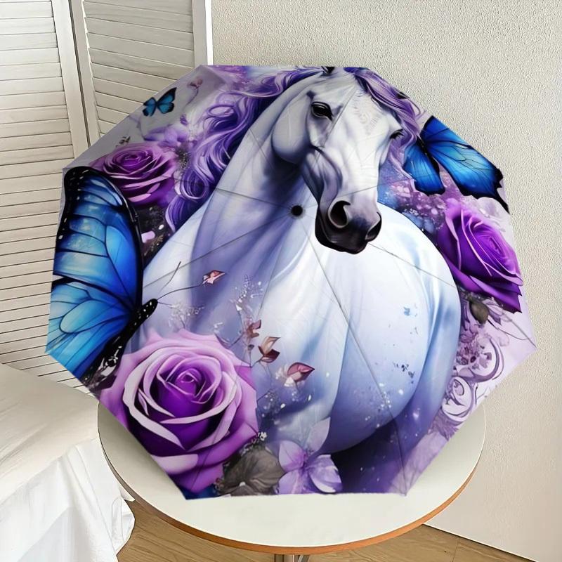 

1pc Unicorn Fantasy with Blue Butterflies and Purple Roses Umbrella with Plastic Handle,Suitable for All Seasons Home Travel Outdoor UmbrellaDD166