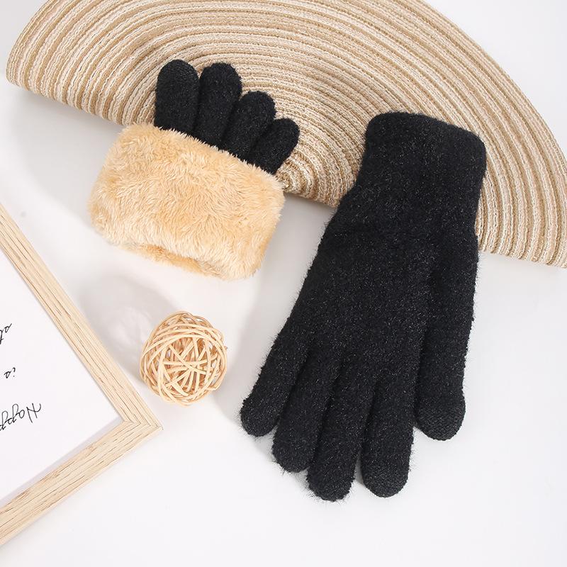 Autumn and winter women's warm and cold-proof knitted gloves plush wool thickened double-layer outdoor touch screen thickened warm