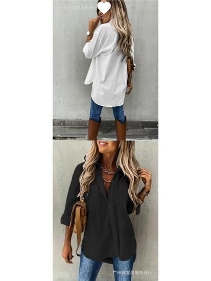 European American Women's Versatile Pocketed Long-Sleeve Lapel Shirt