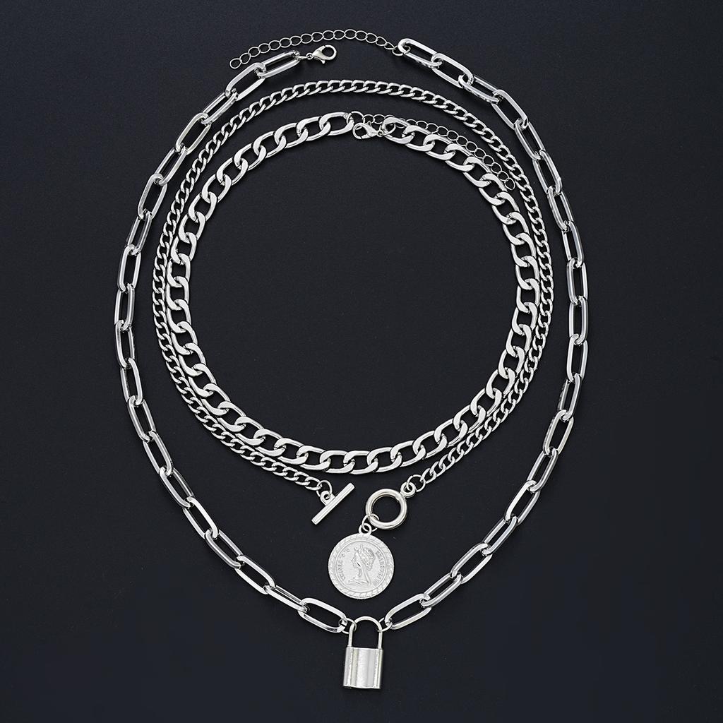 3Pcs/Set Vintage Coin Lock Pendant Necklace For Women Men Elegant Gold Silver Color Unisex Necklace Sets Fashion Hip Hop Jewelry