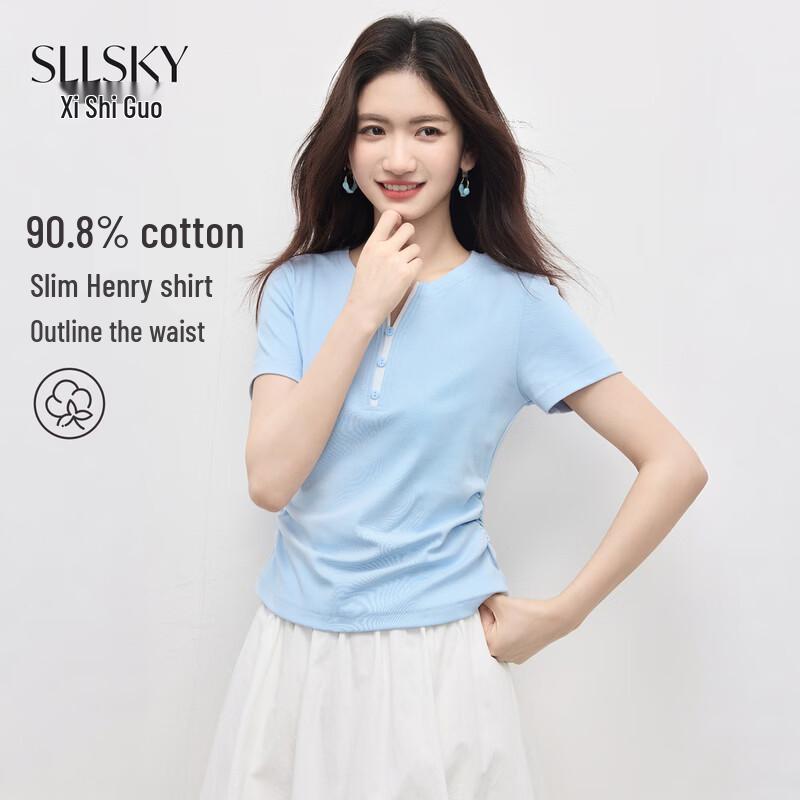SLLSKY Women s Slim-Fit Ribbed Cotton Henley T-Shirt S