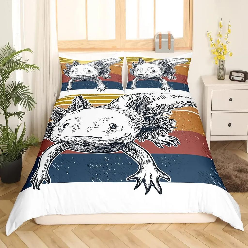 Comforter Cartoon Pink Axolotl Floral King Queen Kawaii Salamander Bedding Set 3D Animal Polyester Comforter