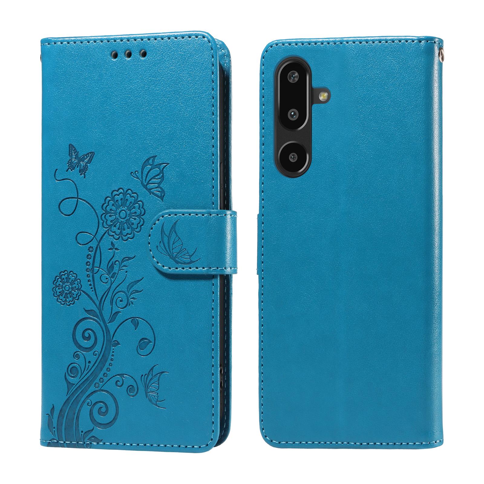 

For Samsung Galaxy F16 5G/Galaxy M16 5G Leather Case Butterfly Floral Imprint Wallet Stand Cover Blue