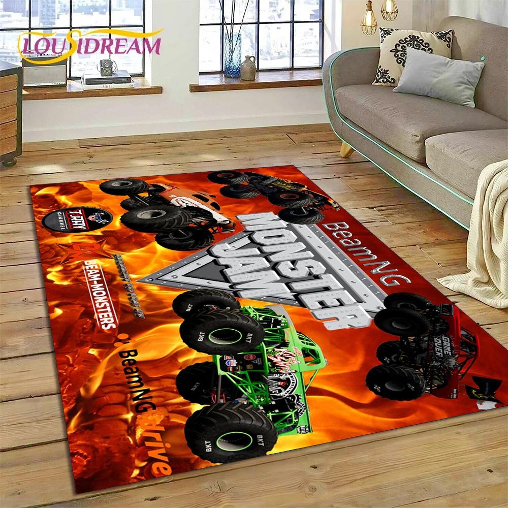 Tapete Cartoon Monster Truck Monster Jam para Sala de Estar Quarto Decoração de Casa, Tapete de Chão Antiderrapante Decoração para Sofá Capacho