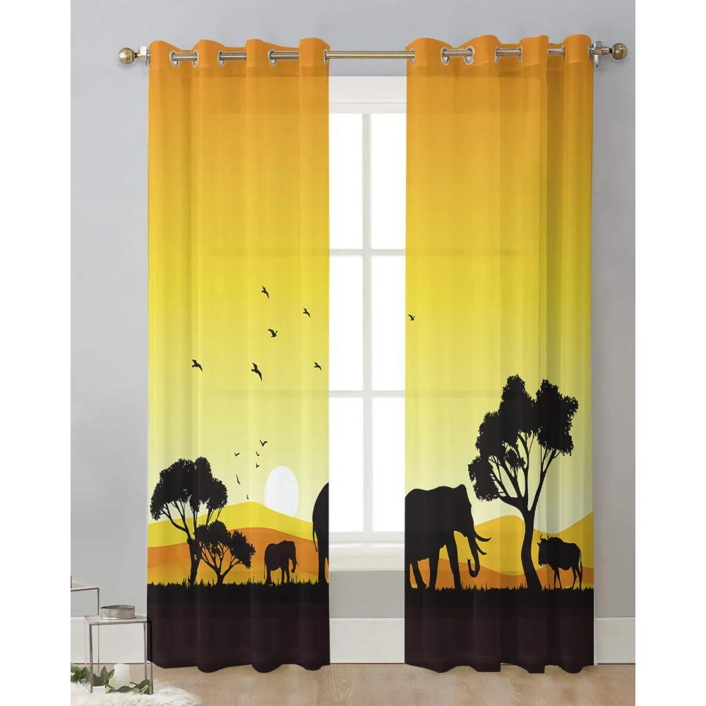 Africká západ slunce krajina zvíře slon silueta průsvitné závěsy do obývacího pokoje okenní závěsy kuchyňské tylové záclony