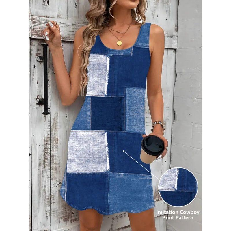 

Spring Summer Women Dress Fashion Ladies Skirt Denim Printing Dress Big Block XL