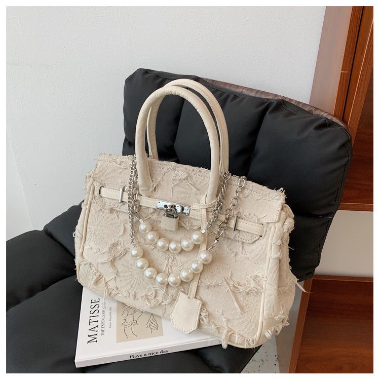 2025 Vintage Women's Denim Tote with Pearl Chain Shoulder Strap
