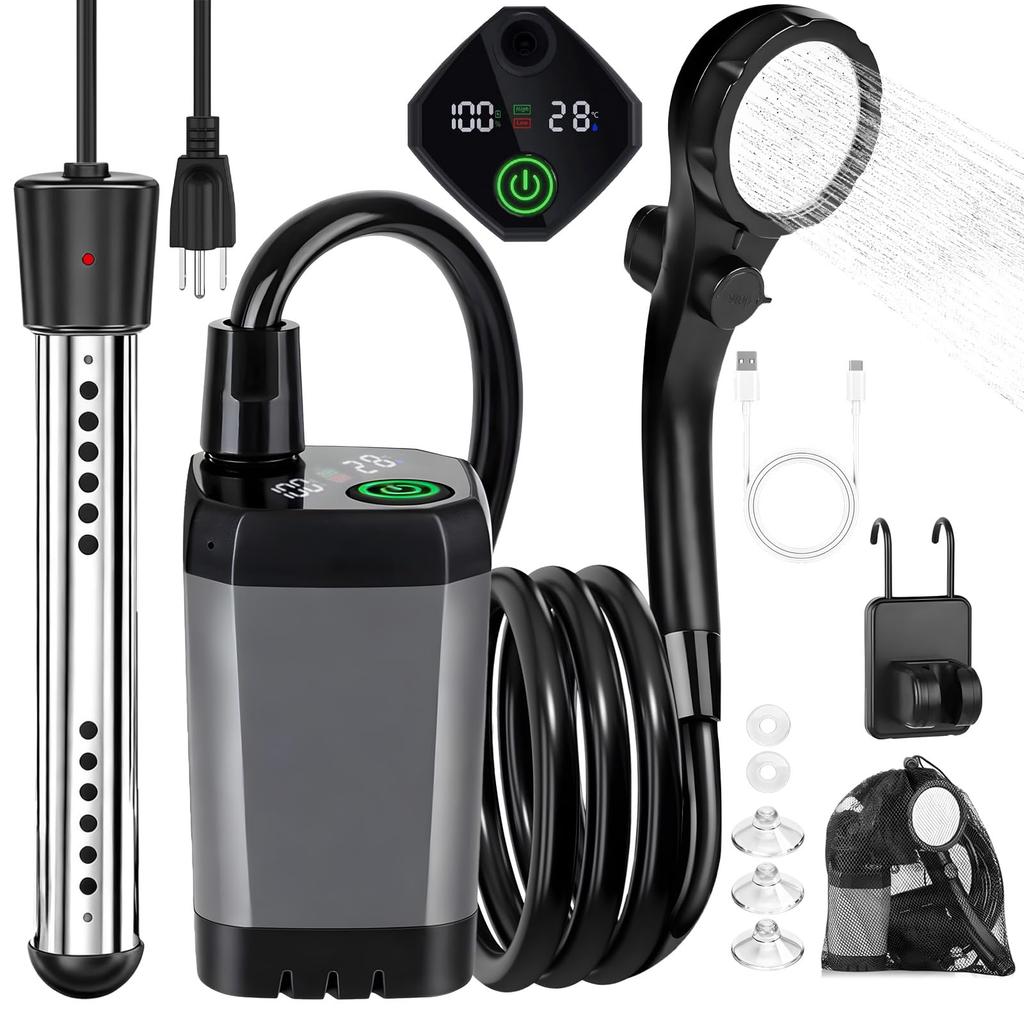 Doccia da Campeggio Portatile con Riscaldatore, Doccia Portatile Ricaricabile da 6000mAh con Riscaldatore a Immersione da 2000W, Display LED, Doccia da Campeggio Riscaldata per Viaggi,
