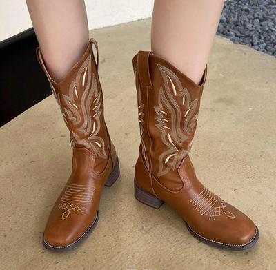 Fashion Retro Brown Western Cowboy Boots for Women Thick Heel SHOES 2024 Autumn/Winter Retro Embroidered Square Head Mid-Calf Boots