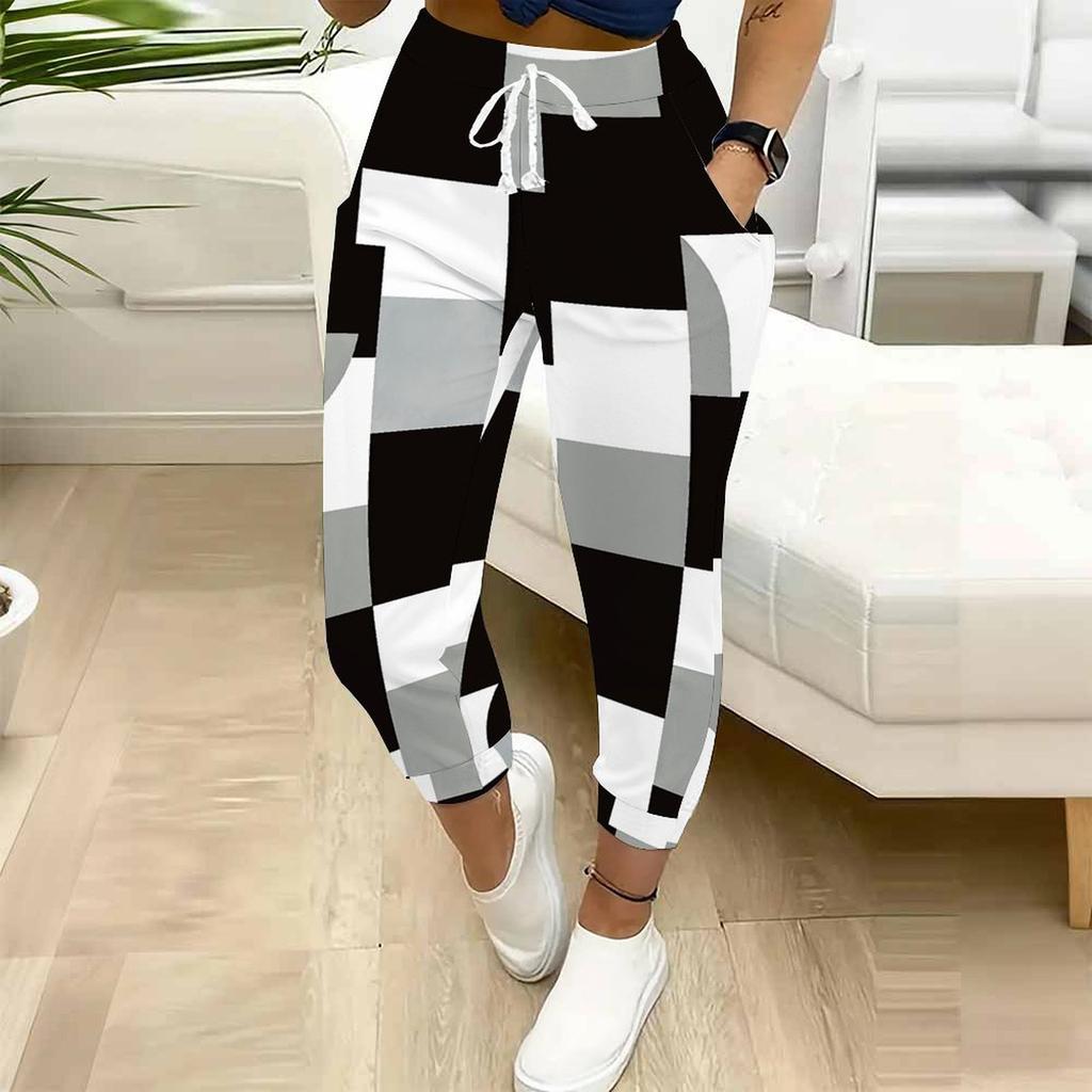 Summer Ladies Tie Dye Splicing Printed Sweatpants Loose Fit Drawstring Joggers Elastic Cuff Daily Casual Pants