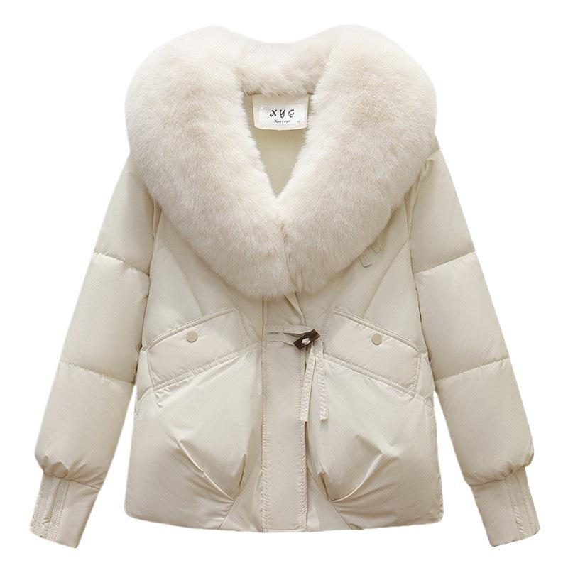 Women's Winter Down Cotton Jacket with Large Fur Collar - European & American Style, Short & Loose Padded Coat
