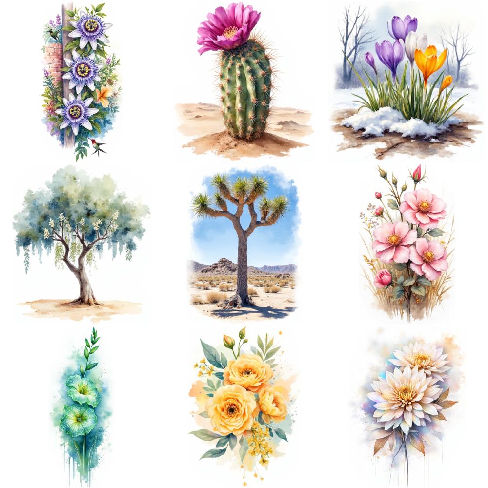 9 шт. Временные татуировки Наклейки с временными татуировками Цветочные татуировки Акварельные цветы Весенние цветы Для детей Девочек Щеки