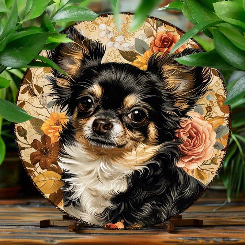 Long Haired Black and Tan Chihuahua with Vintage Floral Background Round Metal Sign D Flat Printed Elegant Dog Portrait Art Ti