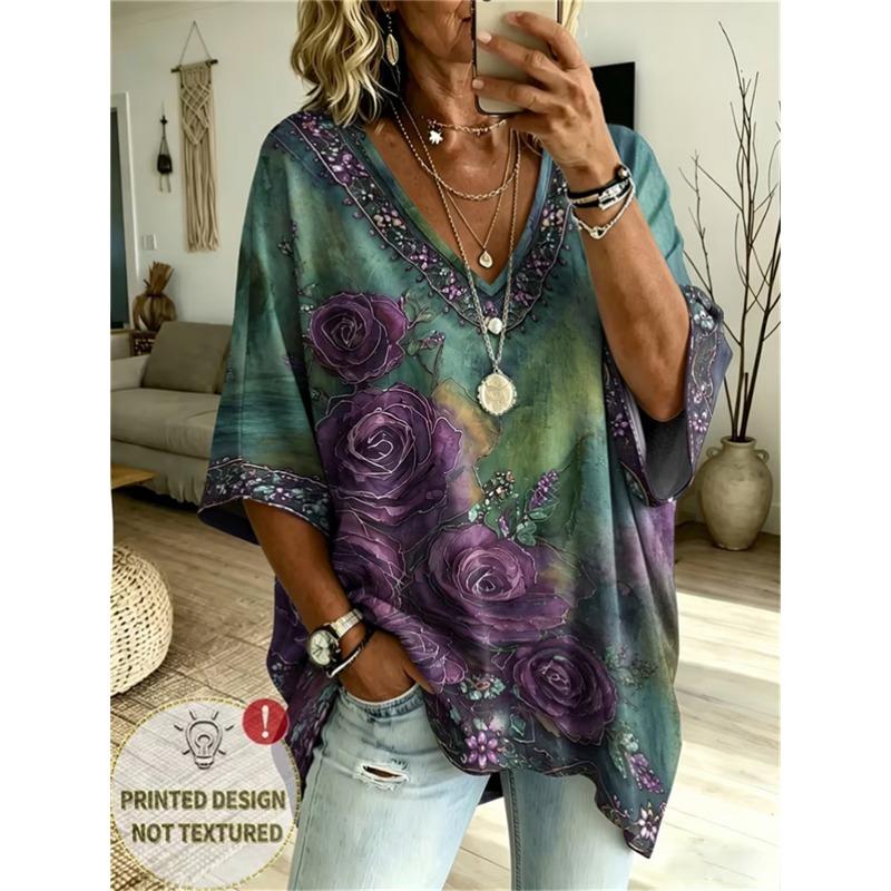 T-shirt da Donna Taglie Forti Scollo a V Maniche a Pipistrello Stampa Etnica Boemia Top Largo Estivo Comodo Traspirante Quotidiano Casual Stile Modellante