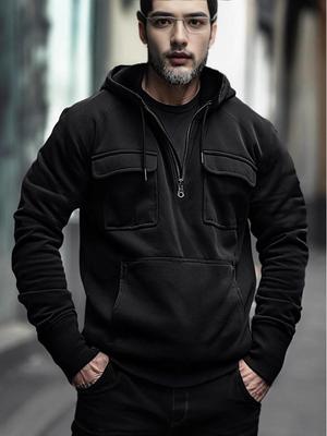 Heren Retro Fleece Hoodie - Losse Pasvorm, Meerdere Zakken, Rits, Perfect voor Herfst en Winter
