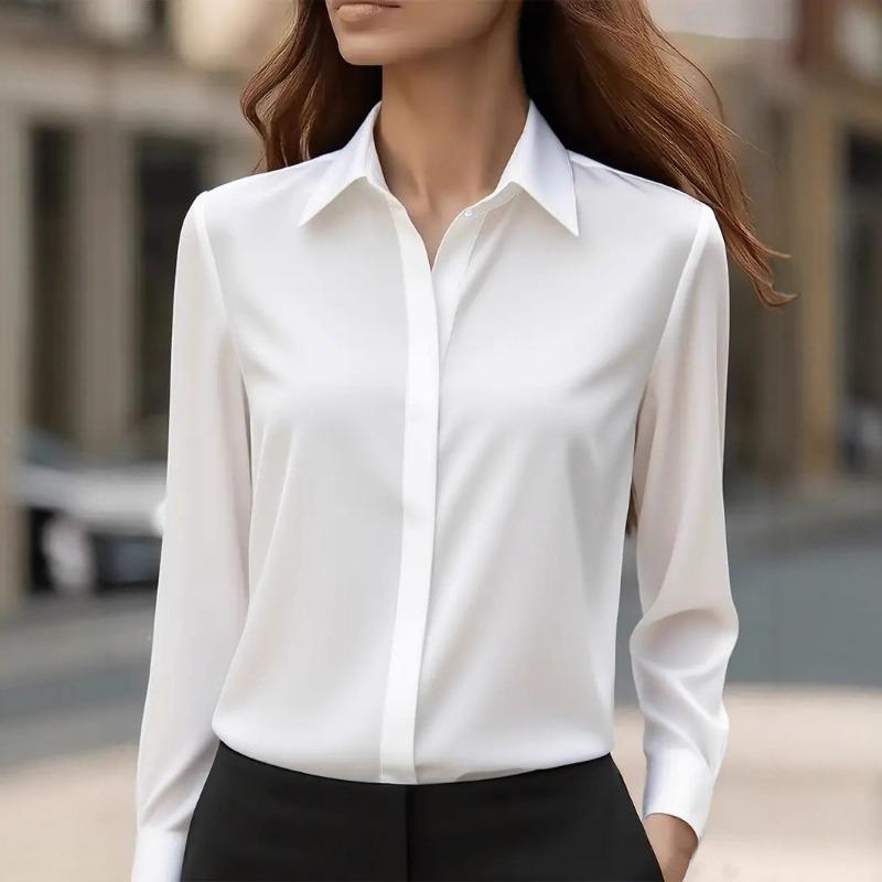 Women's Satin Long-Sleeve Blouse Slim-Fit Office Work Shirt Multi-Color